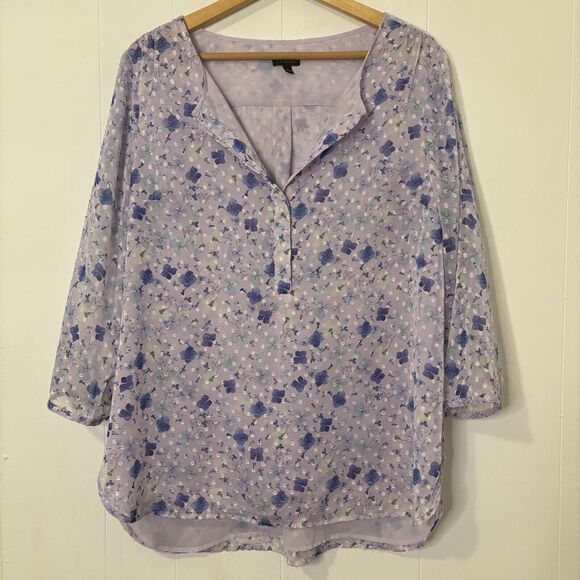 Talbots Large Purple Floral Swiss Dot 3/4 Sleeve Textured Chiffon Blouse Henley - Picture 3 of 12